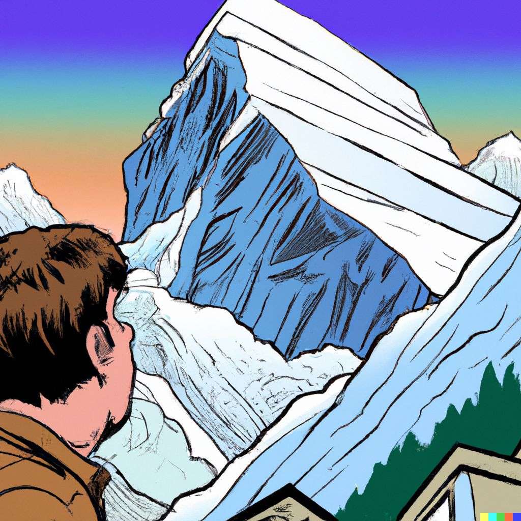someone gazing at Mount Everest, comic book illustration, toon style